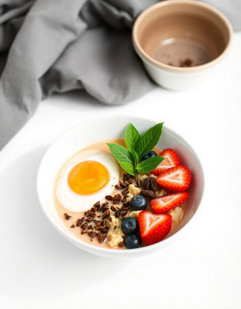Tasty breakfast with oatmeal, berries and eggs on white table