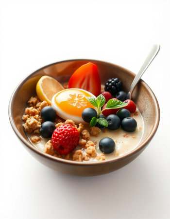 bowl of oat porridge with fruits and berries isolated on white