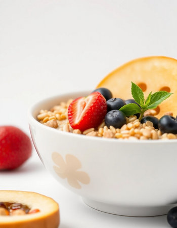 Healthy breakfast with oatmeal, berries on white background