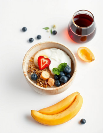 Healthy breakfast. Oatmeal with yoghurt, berries and fruits on white backgroundの写真素材