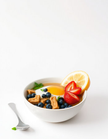 Healthy breakfast with oat flakes, berries and honey on white backgroundの写真素材