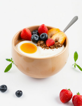 Yogurt with granola and fresh berries in bowlの写真素材