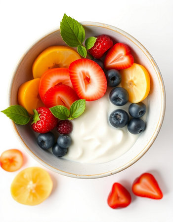 Healthy breakfast with yogurt, berries and fruits on a white backgroundの写真素材