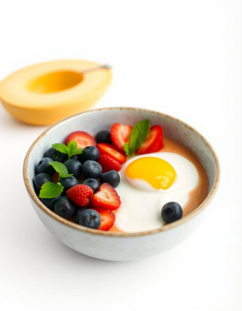 Healthy breakfast with yogurt, strawberries and blueberries on white background