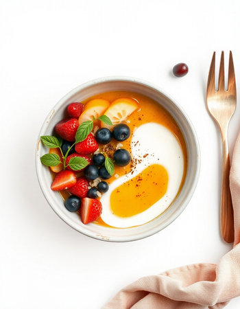 Yogurt with fresh berries in a bowl on a white backgroundの写真素材