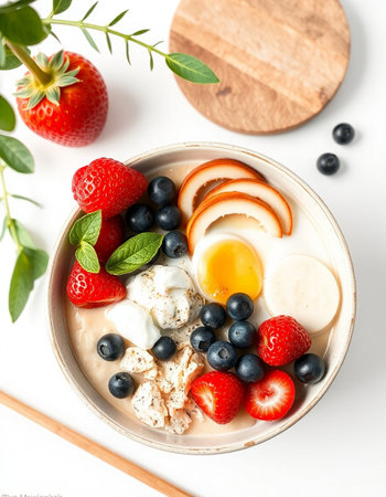 Healthy breakfast bowl with oatmeal, fresh berries and egg on white backgroundの写真素材