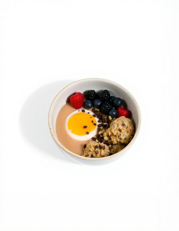 Healthy breakfast with oatmeal, berries and egg on white backgroundの写真素材