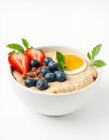bowl of oatmeal with strawberries and blueberries