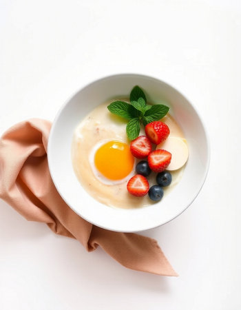A bowl of yoghurt with fresh berries and egg yolkの写真素材