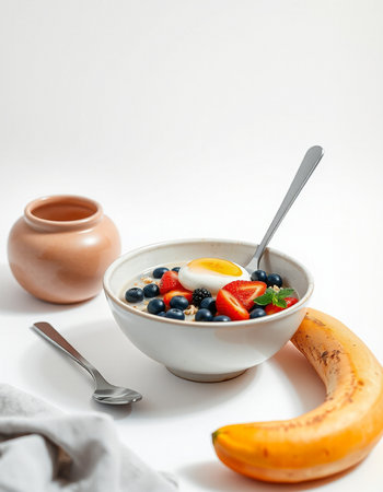 Healthy breakfast with oatmeal, fresh berries and egg on white backgroundの写真素材