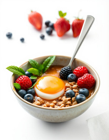 Breakfast bowl with oatmeal, fresh berries and egg. Healthy food concept.の写真素材