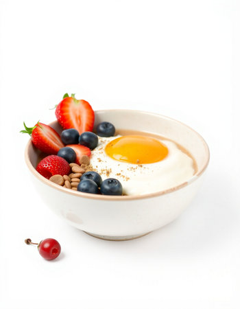 Breakfast with omelet and berries isolated on a white background