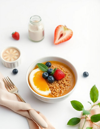 Healthy breakfast. Oatmeal porridge with fresh berries on white backgroundの写真素材