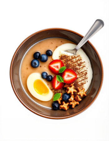 bowl of oatmeal porridge with berries and egg