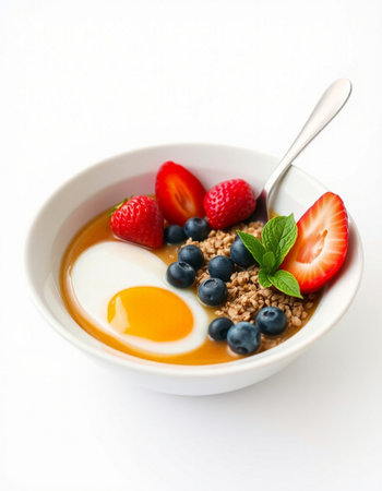 Healthy breakfast bowl with oatmeal, berries and egg on white backgroundの写真素材