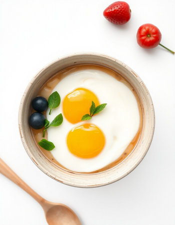 Bowl of tasty breakfast with eggs and berries on white background, top viewの写真素材