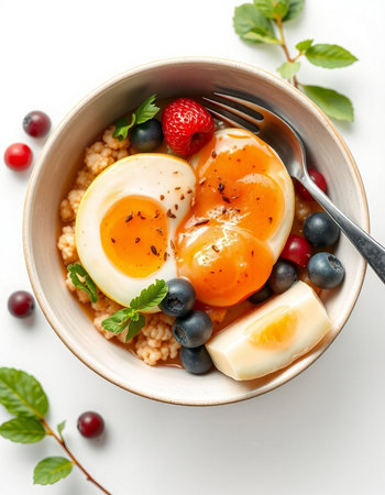 Bowl of quinoa porridge with boiled eggs and berries on white background