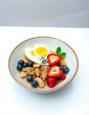Healthy breakfast. Oatmeal with berries and egg on white background