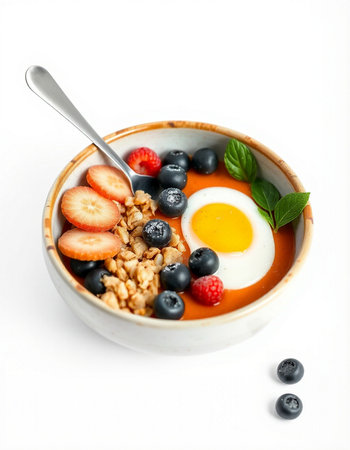 Healthy breakfast bowl with muesli, yogurt, berries and egg