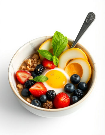 Healthy breakfast bowl with oatmeal, berries and egg isolated on white