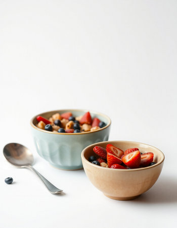 Healthy breakfast with muesli and fresh berries on white background