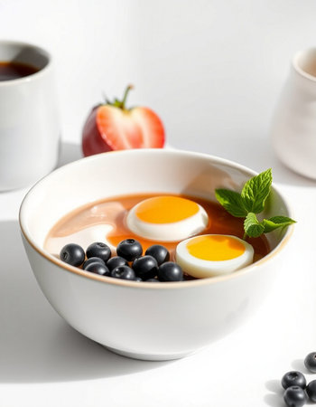Soft-boiled eggs with blueberries and strawberries in a bowl