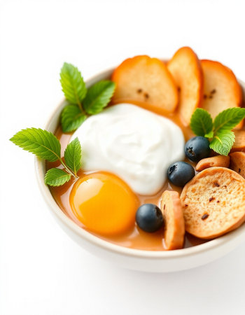 Bowl of breakfast with yoghurt and fruits on white background