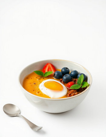 Healthy breakfast - oatmeal porridge with berries and fried egg