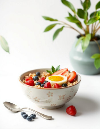 Oatmeal with fresh berries and egg in a bowl on a white background