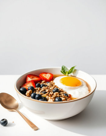 Healthy breakfast with granola, yogurt and berries on white background