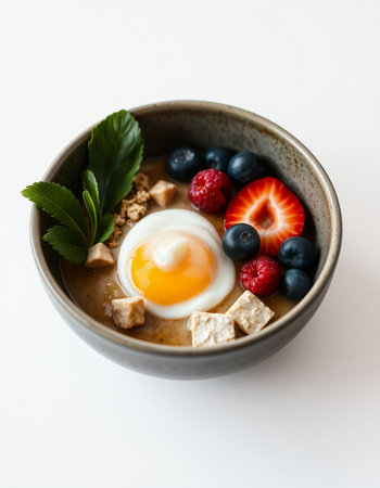 Bowl of oatmeal porridge with fresh berries and egg