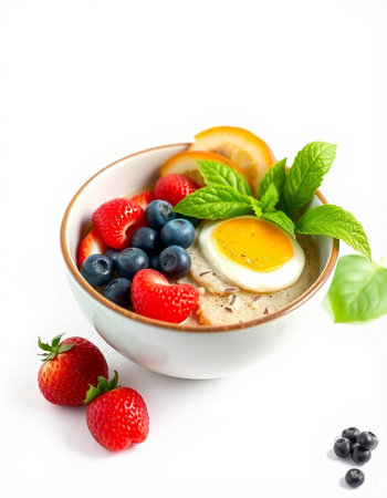 Healthy breakfast with berries and egg on white background