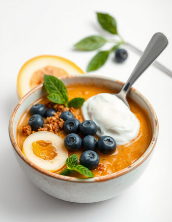 Creamy yogurt soup with blueberries and melon, selective focus