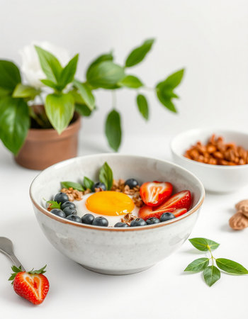 Healthy breakfast. Oatmeal with fresh berries and egg in a bowl on a white background.