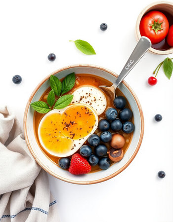 Healthy breakfast with soft-boiled egg, blueberries, strawberries, cherry and basil in bowl isolated...