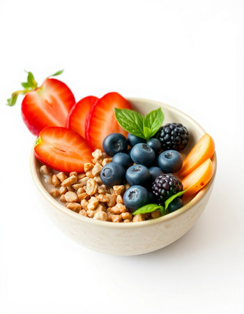 bowl of muesli with fresh berries and fruits isolated on white