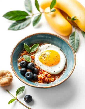 Red lentil soup with egg and blueberries in a bowl on white background