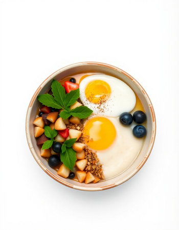 Breakfast with omelet, fruits and berries on white background