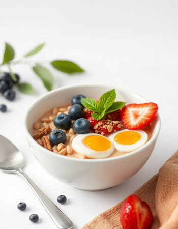 Healthy breakfast with oatmeal, berries and eggs on white background