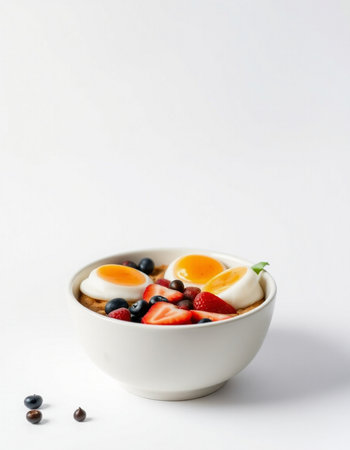 Healthy breakfast. Oatmeal porridge with fresh berries on white background