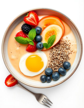 Healthy breakfast bowl with oatmeal, berries, fruits and eggs