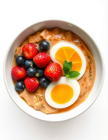 Bowl of oatmeal porridge with strawberries, blueberries and eggs
