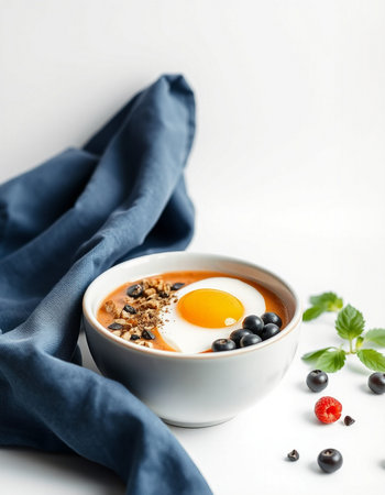 Granola with blueberries and egg in a bowl on a white backgroundの写真素材