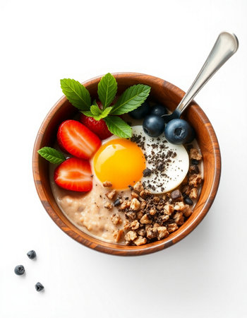 Oatmeal porridge with berries and egg in wooden bowl on white background