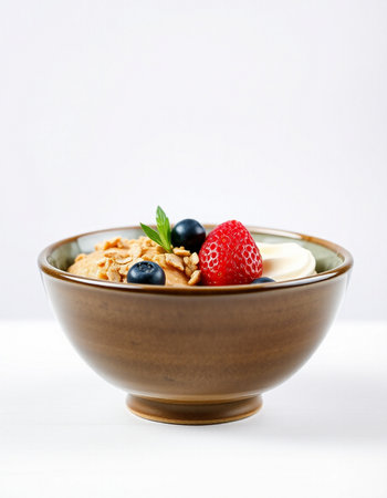 bowl of muesli with fresh berries and yogurt on white background