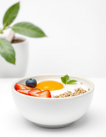 Breakfast with oatmeal, berries and yoghurt on white background