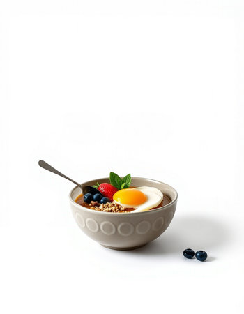 A bowl of oatmeal with fresh berries and egg on white background