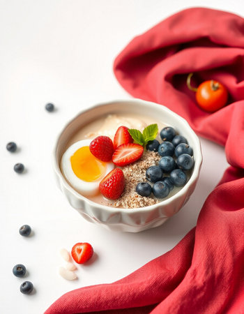 Healthy breakfast with oatmeal, berries and egg on white backgroundの写真素材