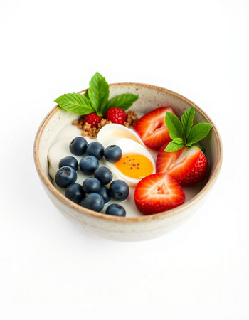 Healthy breakfast with yogurt, strawberries and blueberries on a white backgroundの写真素材