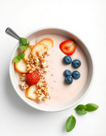 bowl of yogurt with berries and nuts on white background, top viewの写真素材